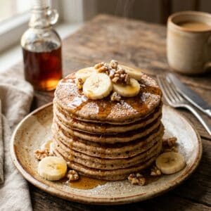 Ein appetitlicher Stapel goldbraun ausgebackener Bananen-Vollkorn-Pancakes, garniert mit frischen Bananenscheiben, Walnüssen und einem Hauch Ahornsirup.