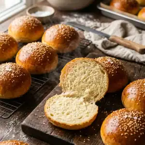 Mehrere frisch gebackene, goldbraune Brioche Burger Buns mit glänzender Oberfläche und Sesam bestreut auf einem rustikalen Holzbrett.