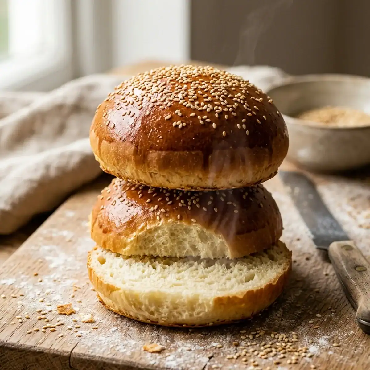 Fluffige selbstgemachte Burger-Buns mit Sesam