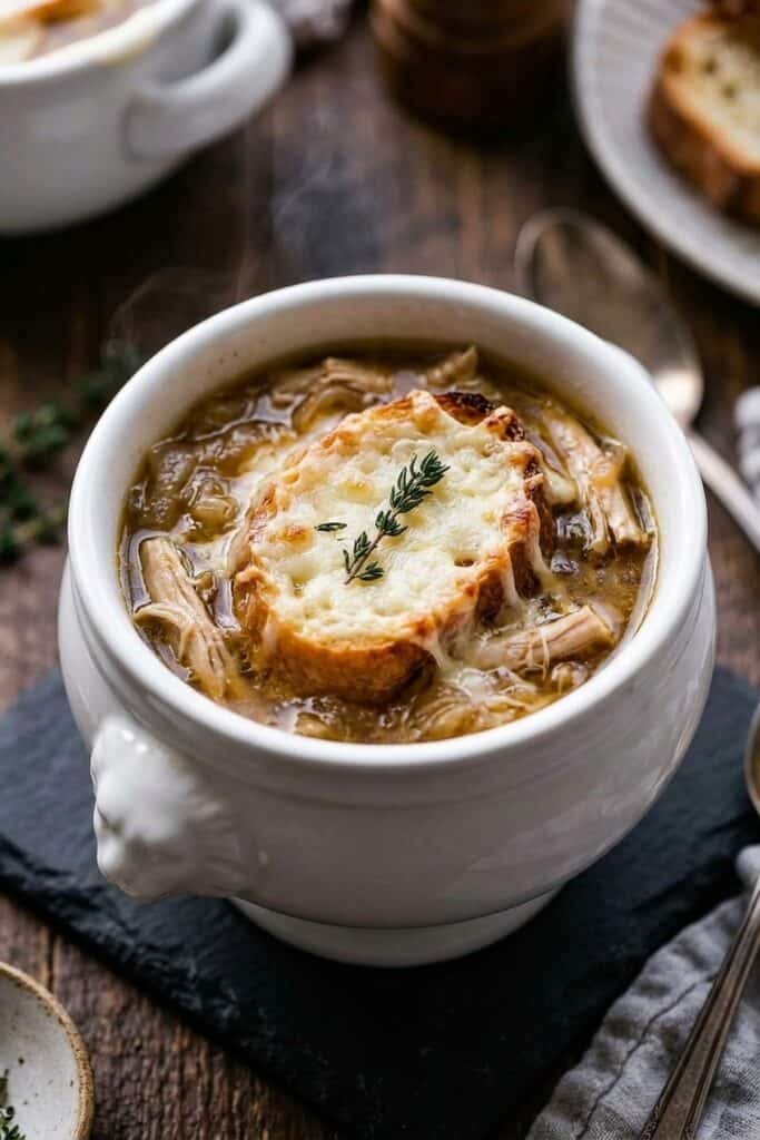 Französische Zwiebel-Hähnchensuppe mit knusprig überbackenem Gruyère-Käse-Baguette