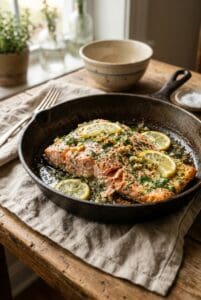 Frisch zubereitetes Gericht: Ofenlachs mit Knoblauchbutter, grünem Spargel und Röstkartoffeln