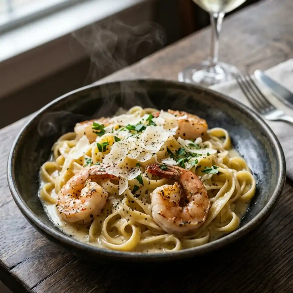 Cremige Fettuccine-Nudeln mit gebratenen Garnelen und frischer Petersilie auf einem rustikalen Teller serviert.