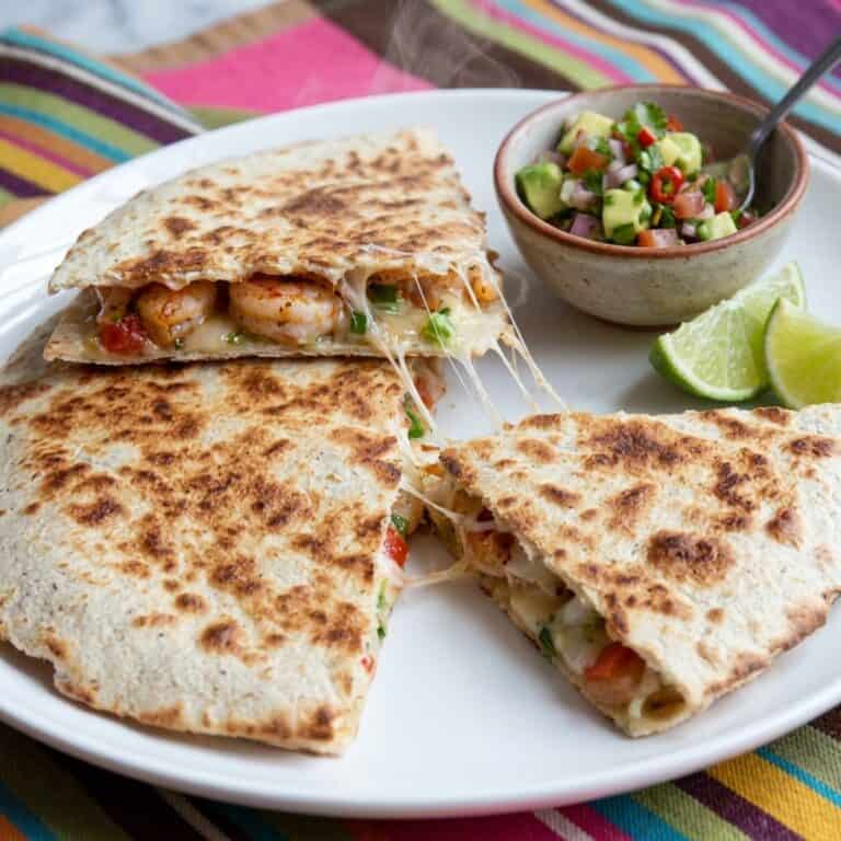 Frisch zubereitetes Gericht: Knusprige Garnelen-Quesadillas mit frischer Tomaten-Avocado-Salsa