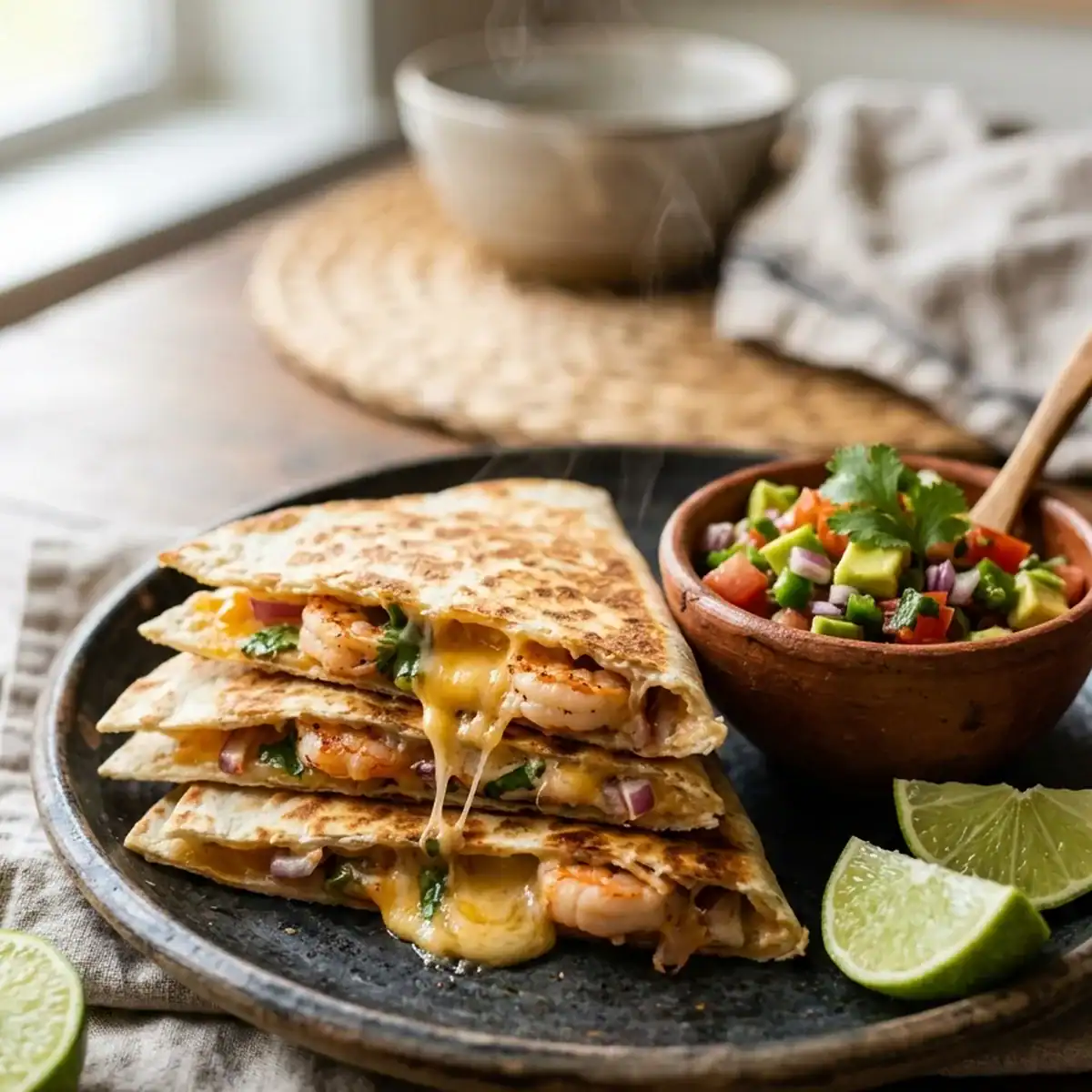 Knusprige Garnelen-Quesadillas mit frischer Tomaten-Avocado-Salsa