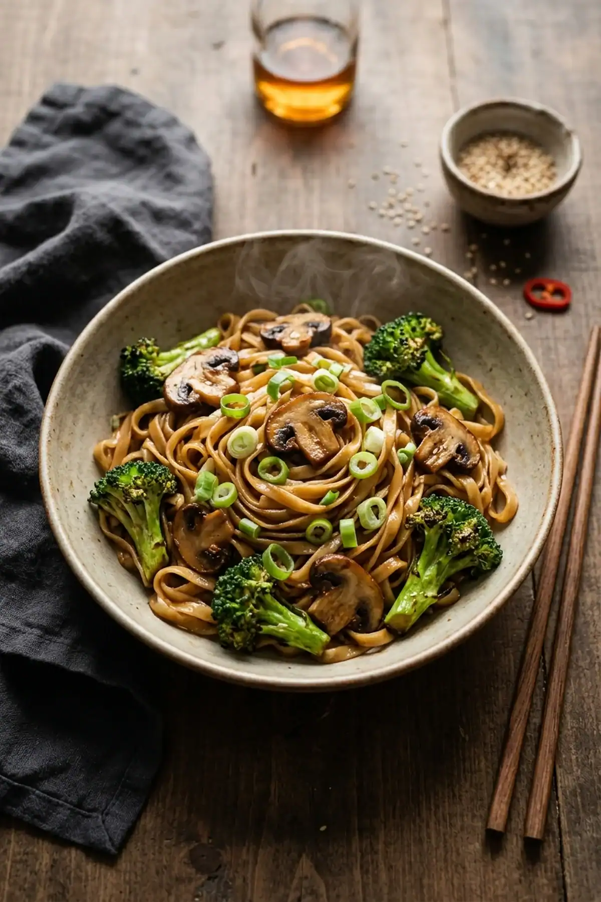Gebratene Wok-Nudeln mit Champignons und Brokkoli
