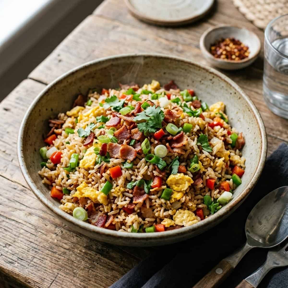 Knusprig gebratener Wok-Reis mit krossem Bacon, Ei und buntem Gemüse