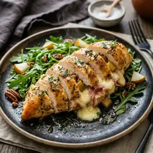 Aufgeschnittene, goldbraun gebratene Hähnchenbrust mit cremiger Füllung aus geschmolzenem Brie, Birnenstücken und Schinken auf einem dunklen Teller.