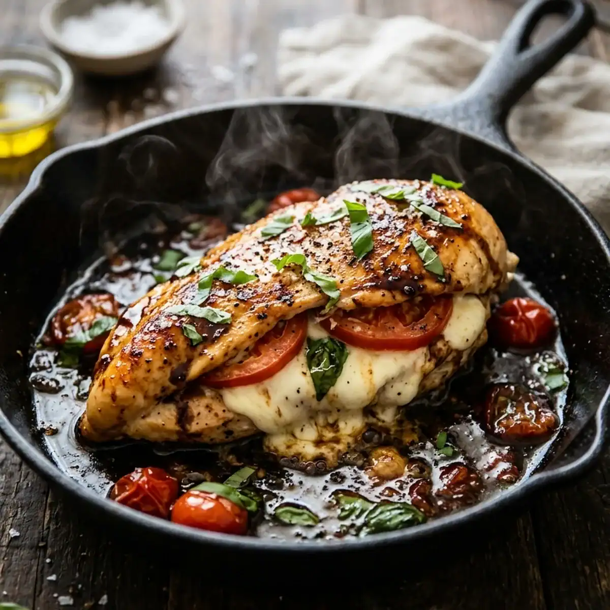 Saftig gefüllte Hähnchenbrust Caprese in feiner Balsamico-Glasur