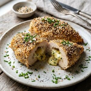 Goldbraun gebackene, aufgeschnittene Hähnchenbrust mit cremiger Käsefüllung und knuspriger Sesam-Kräuter-Panade auf einem Servierteller.
