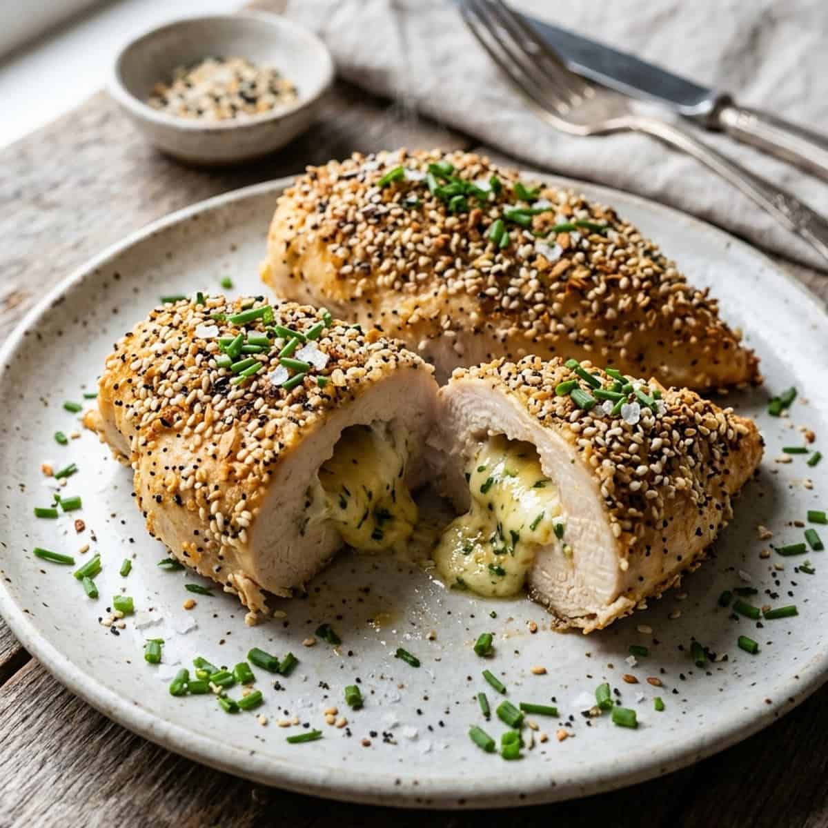 Saftige Hähnchenbrust mit cremiger Frischkäse-Füllung und Sesam-Kräuter-Kruste