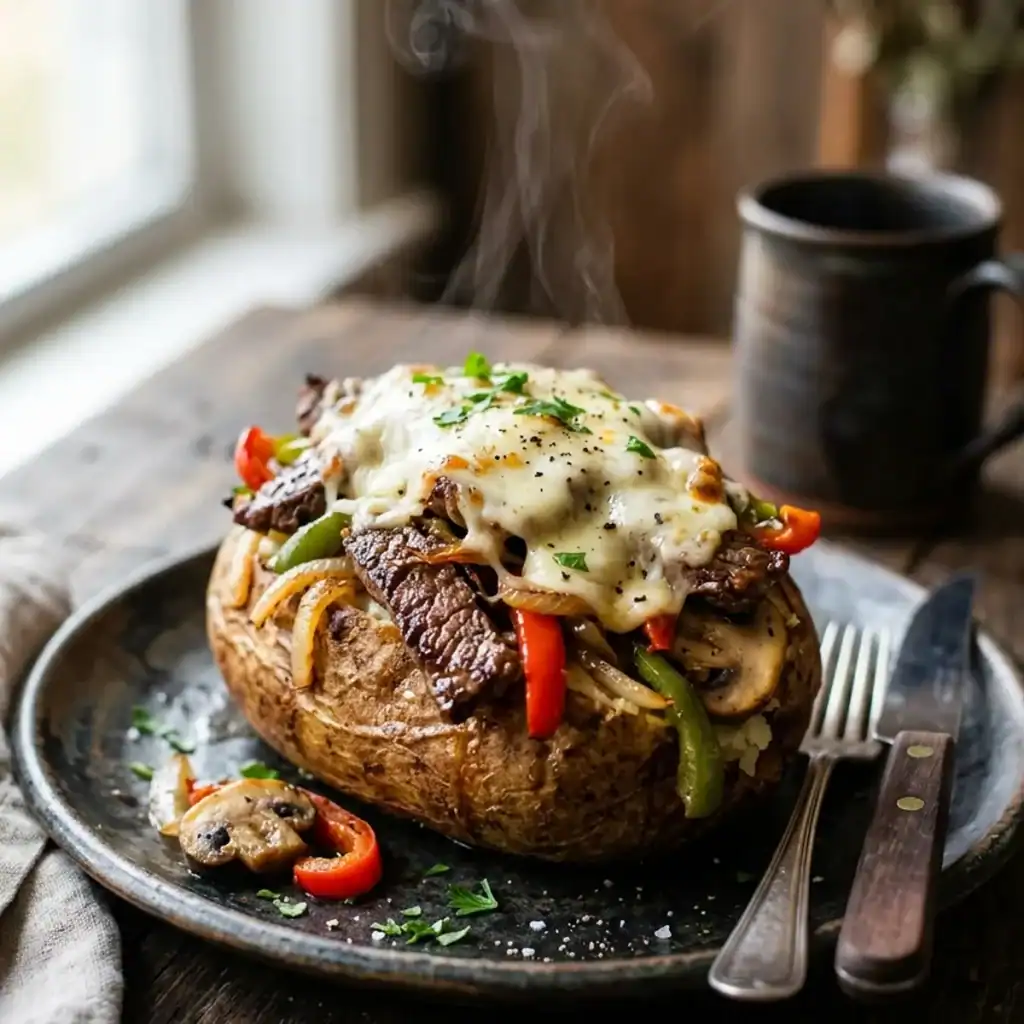 Dampfende Ofenkartoffel, gefüllt mit saftigen Rindfleischstreifen, Paprika, Zwiebeln und Champignons, überbacken mit geschmolzenem Provolone auf einem dunklen Teller.