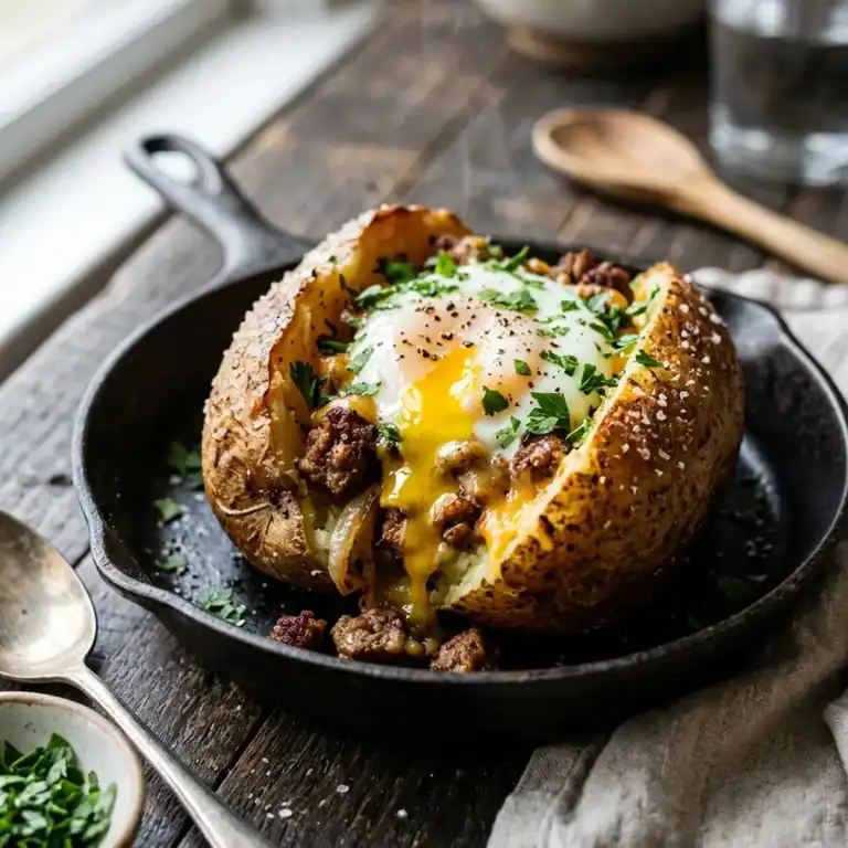 Gebackene gefüllte Kartoffel mit knuspriger Schale, herzhaftem Wurstbrät, geschmolzenem Cheddar und einem Ei mit flüssigem Dotter.
