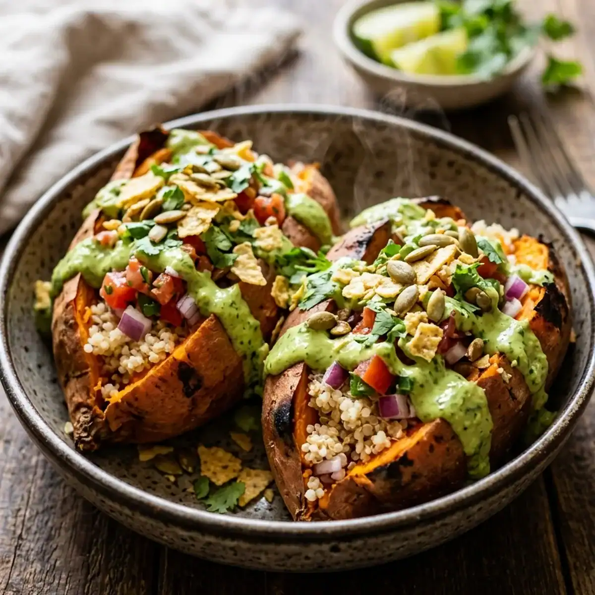 Gefüllte Ofen-Süßkartoffeln mit würzigem Quinoa und cremiger Avocado-Limetten-Sauce