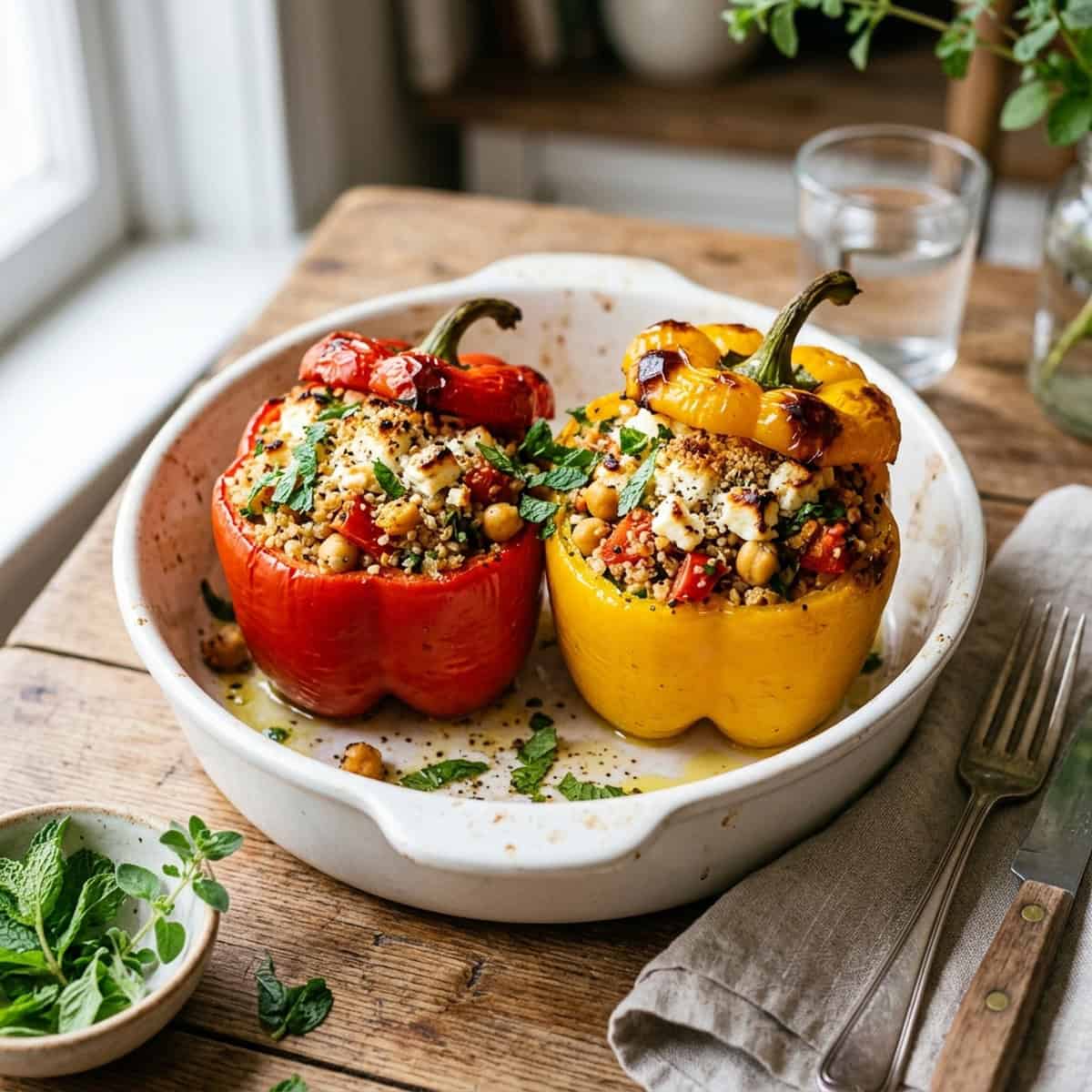 Im Ofen sanft geröstete gelbe und rote Paprikaschoten mit Quinoa-Kichererbsen-Kräuterfüllung und geschmolzenem Feta in einer weißen Auflaufform