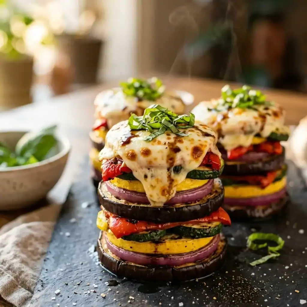 Drei appetitlich aufgeschichtete Türmchen aus gegrillter Aubergine, Zucchini und Paprika, überbacken mit geschmolzenem Mozzarella und frischem Basilikum auf einer Schieferplatte.