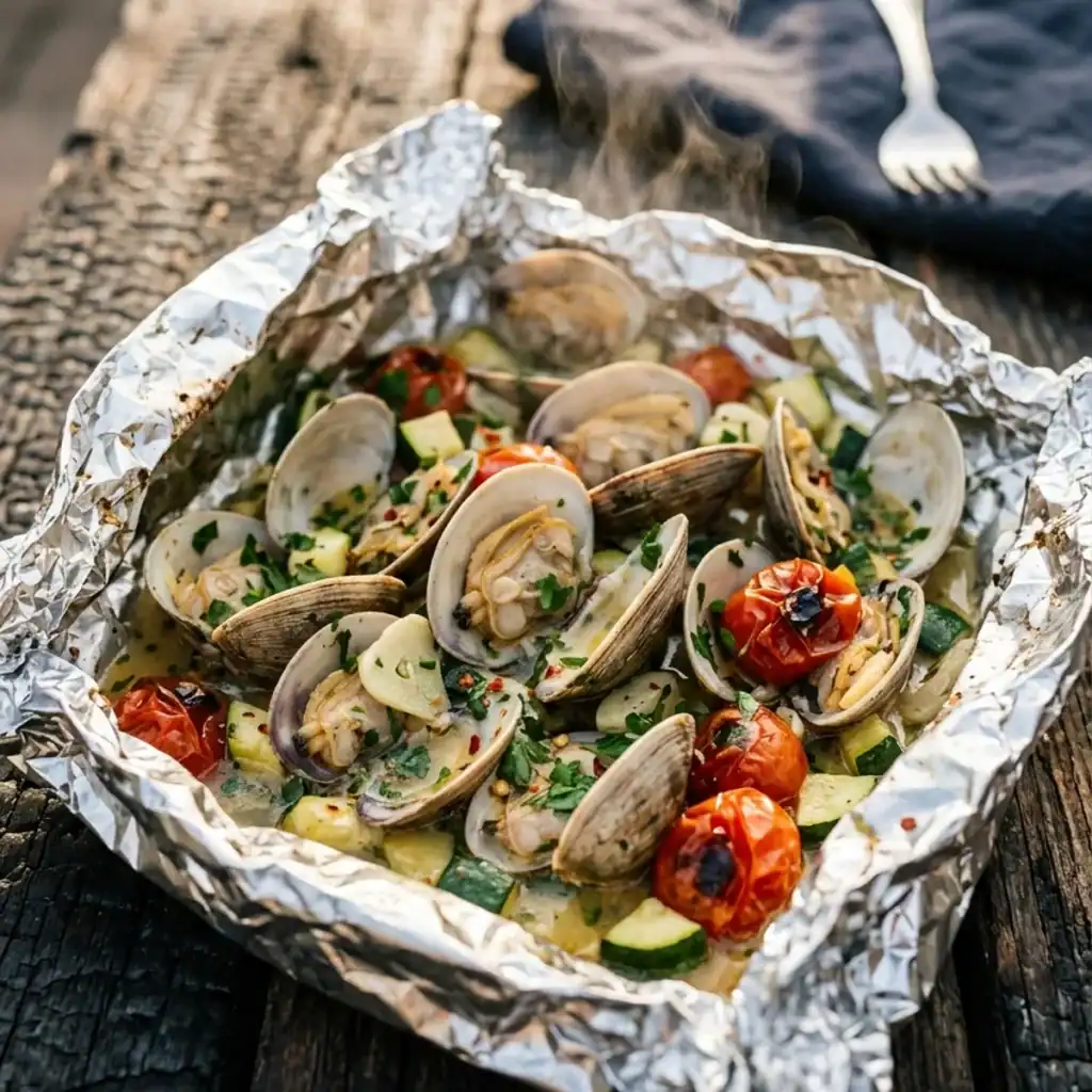Ein geöffnetes Grillfolienpäckchen gefüllt mit dampfenden geöffneten Venusmuscheln, Zucchiniwürfeln, Kirschtomaten und Knoblauch auf einem rustikalen Holztisch.