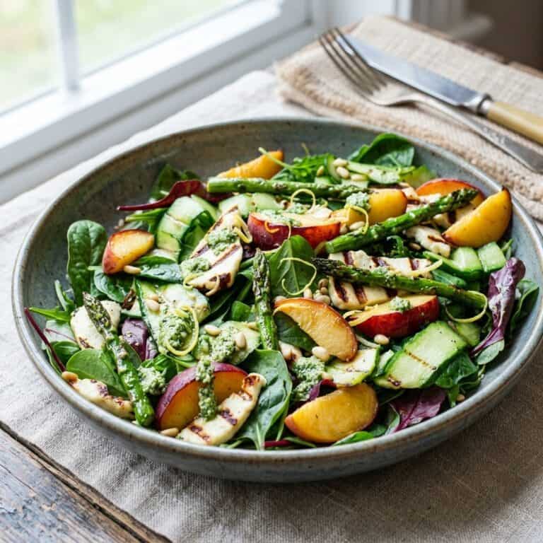 Frisch zubereitetes Gericht: Gegrillter Halloumi-Pfirsich-Salat mit frischem Zitronen-Pesto