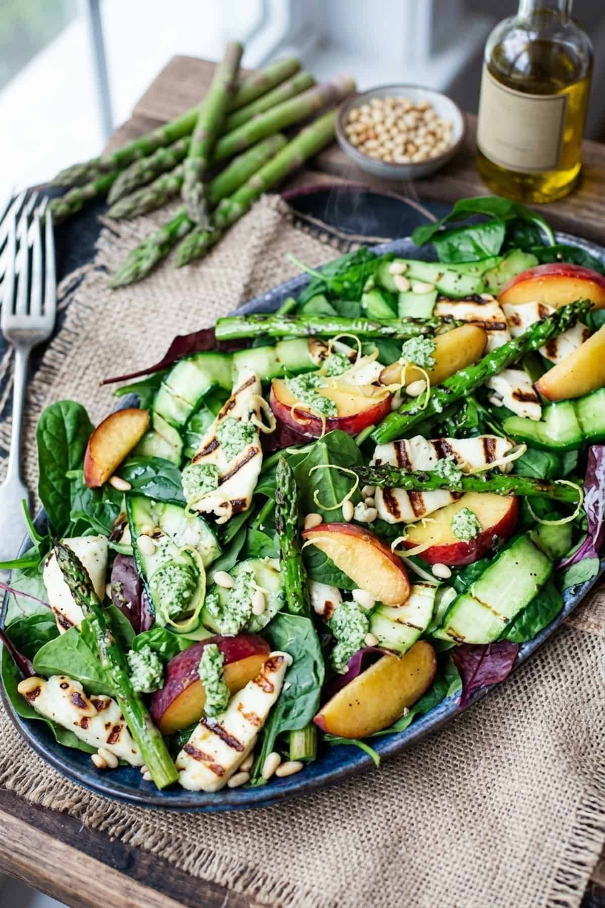 Gegrillter Halloumi-Pfirsich-Salat mit frischem Zitronen-Pesto serviert im rustikalen Teller bei sanftem Tageslicht