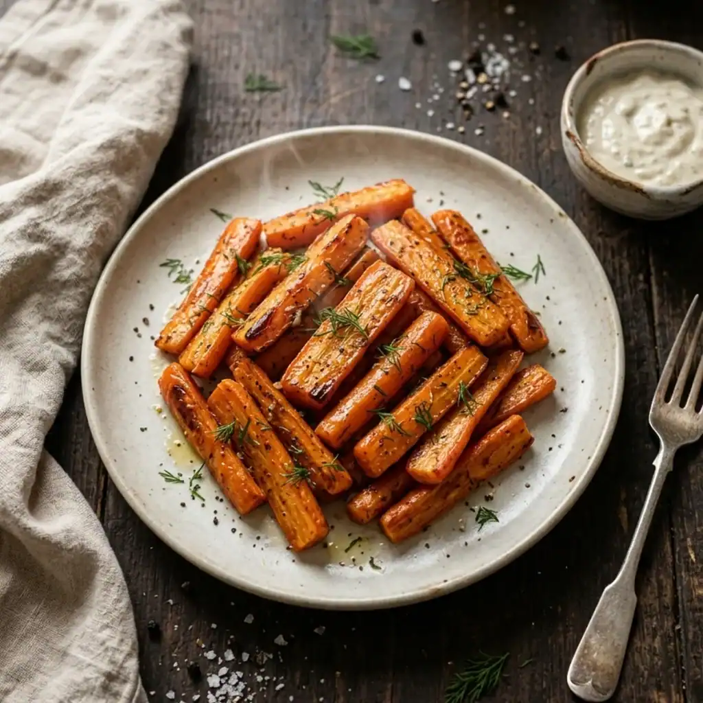 Karamellisierte Karottenstücke mit Kräutern und frischem Dill auf einem rustikalen Keramikteller aus der Heißluftfritteuse.