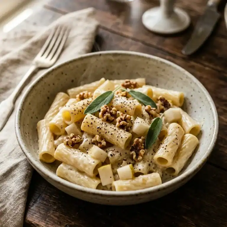 Ein tiefer Keramikteller gefüllt mit al dente gekochten Rigatoni in einer cremigen Gorgonzolasauce, garniert mit Birnenstücken, Walnusskernen und Salbeiblättern.