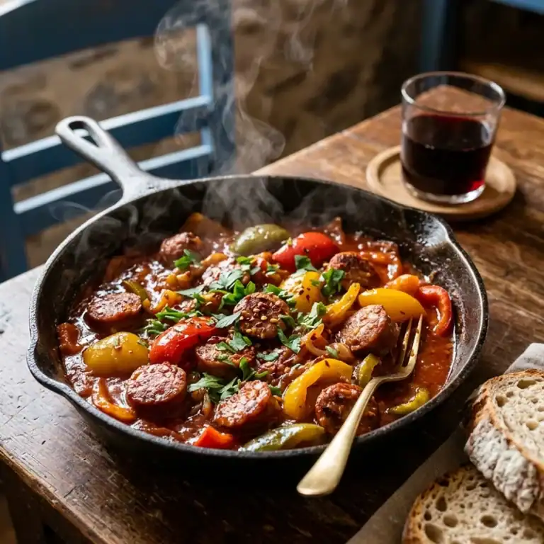 Griechische Spetsofai-Pfanne mit knusprig gebratenen Wurstscheiben, bunten Paprikastücken und reichhaltiger Tomatensauce in einer Gusseisenpfanne serviert.