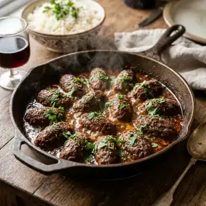 Griechische längliche Hackbällchen serviert in einer tiefroten, sämigen Tomatensauce in einer Gusseisenpfanne, garniert mit frischer Petersilie.