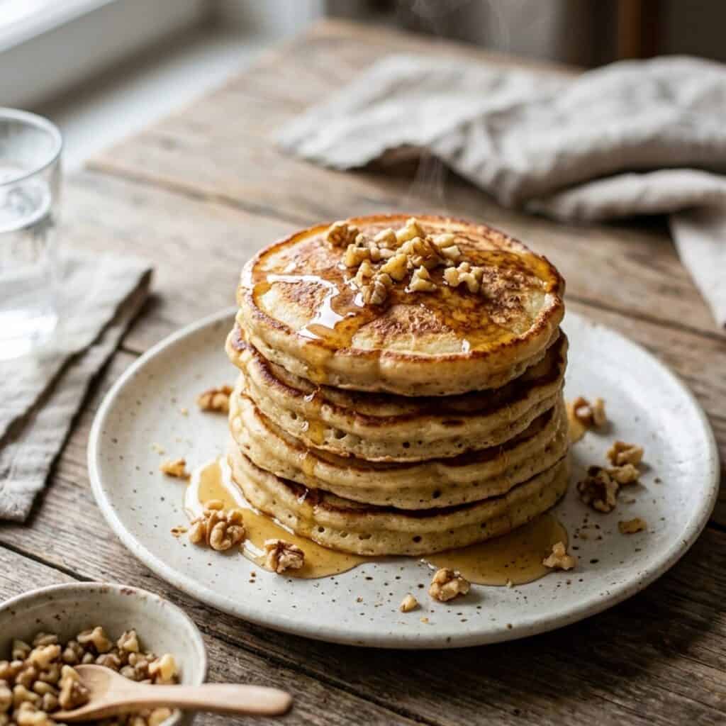 Frisch ausgebackene, goldbraune griechische Hefepfannkuchen, übergossen mit goldgelbem flüssigem Honig und bestreut mit gehackten Walnüssen.