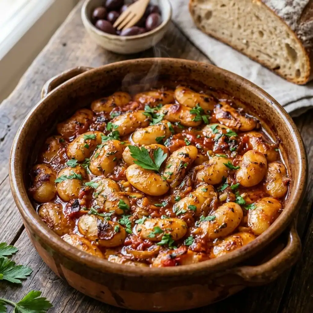 Dampfende griechische Riesenbohnen in einer satten roten Tomatensauce in einer runden Auflaufform, bestreut mit frischer Petersilie.