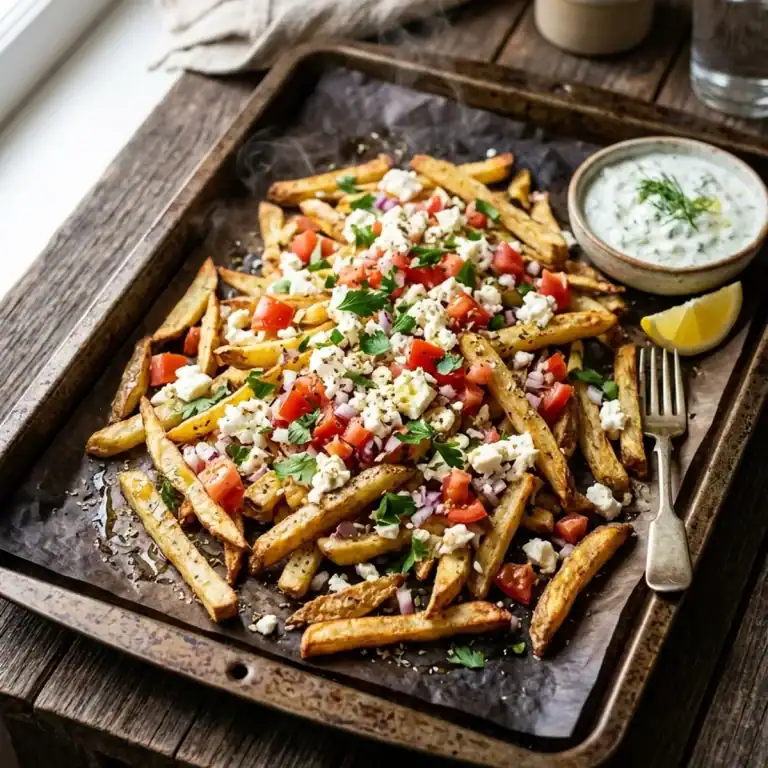 Knusprig gebackene Pommes frites aus dem Ofen, belegt mit zerbröckeltem Feta, Tomatenwürfeln, roten Zwiebeln und Petersilie auf einem Backblech.
