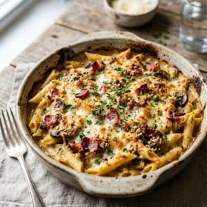 Frisch gebackener griechischer Carbonara-Nudelauflauf in einer Auflaufform mit goldbrauner Käsekruste, Speckwürfeln und gehackten Kräutern.