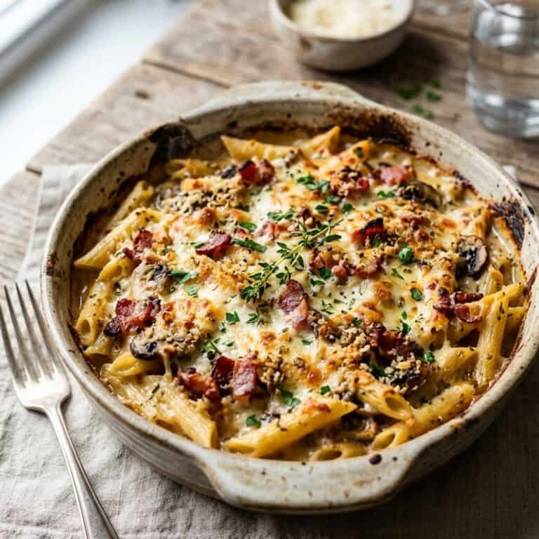 Frisch gebackener griechischer Carbonara-Nudelauflauf in einer Auflaufform mit goldbrauner Käsekruste, Speckwürfeln und gehackten Kräutern.