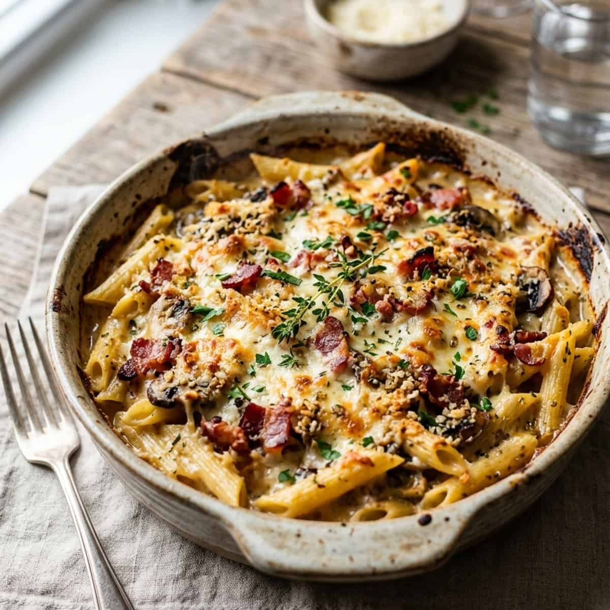 Cremiger griechischer Nudelauflauf nach Carbonara-Art mit Speck und Pilzen