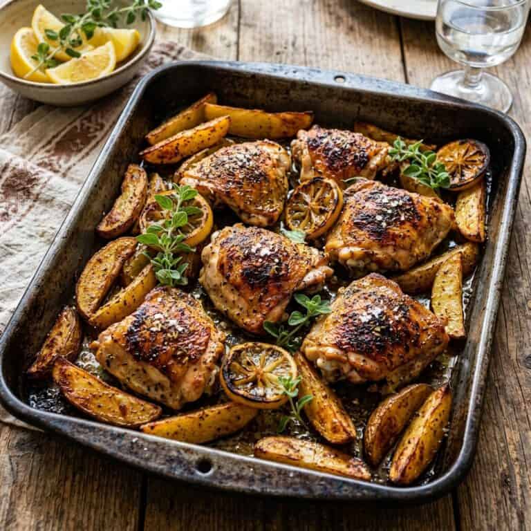Knusprig gebräuntes griechisches Zitronenhähnchen mit gerösteten Kartoffelspalten, Zitronenscheiben und frischem Oregano auf einem dunklen Backblech