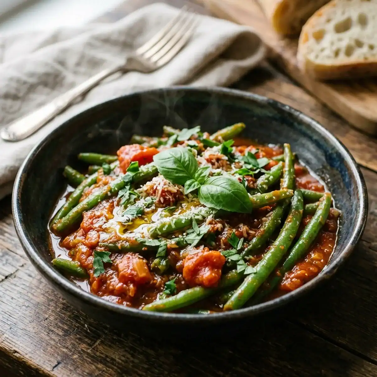 Aromatische grüne Bohnen in fruchtiger Knoblauch-Tomatensauce