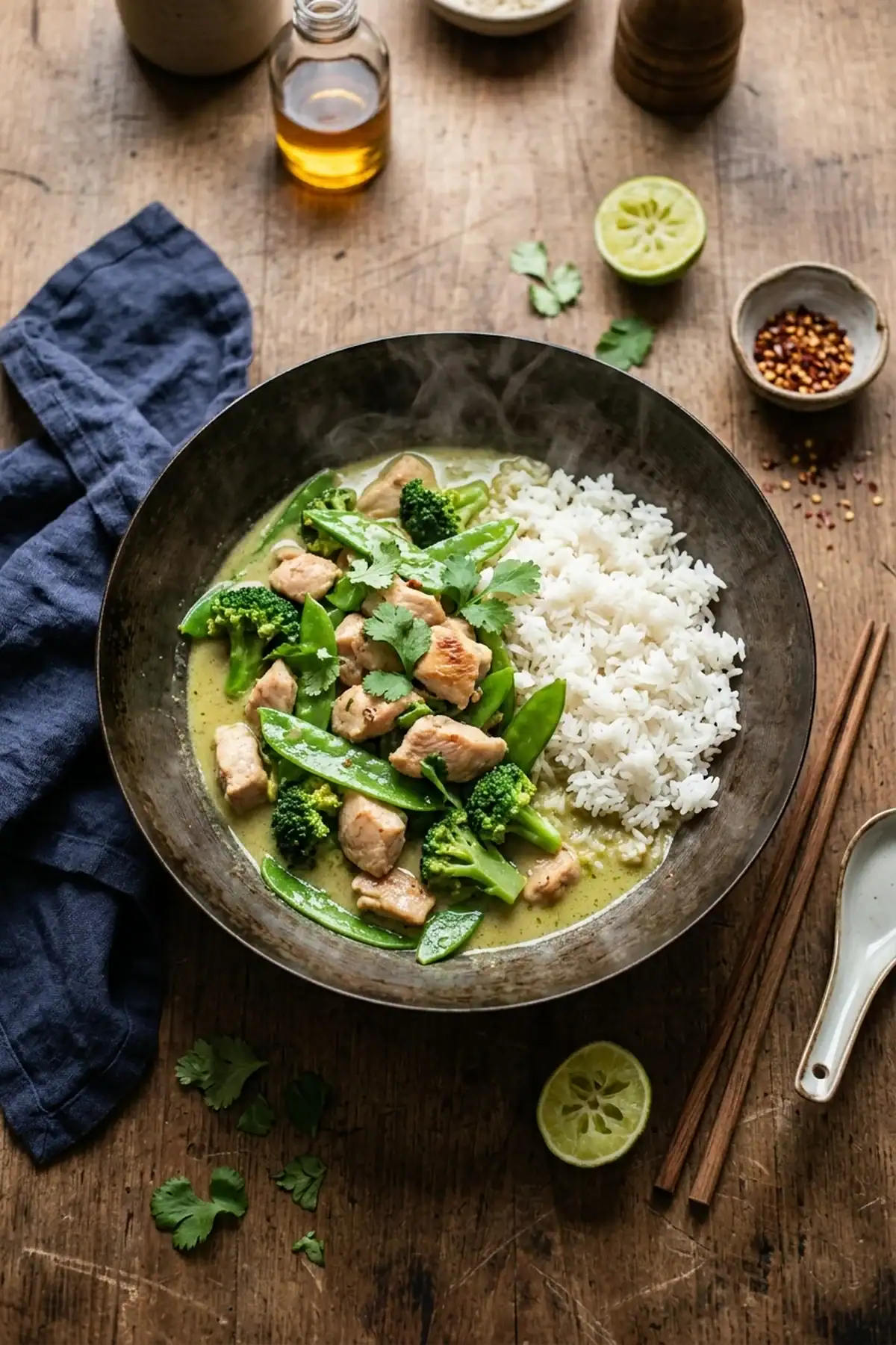 Grünes Thai-Curry aus dem Wok mit Hähnchen und knackigem Gemüse