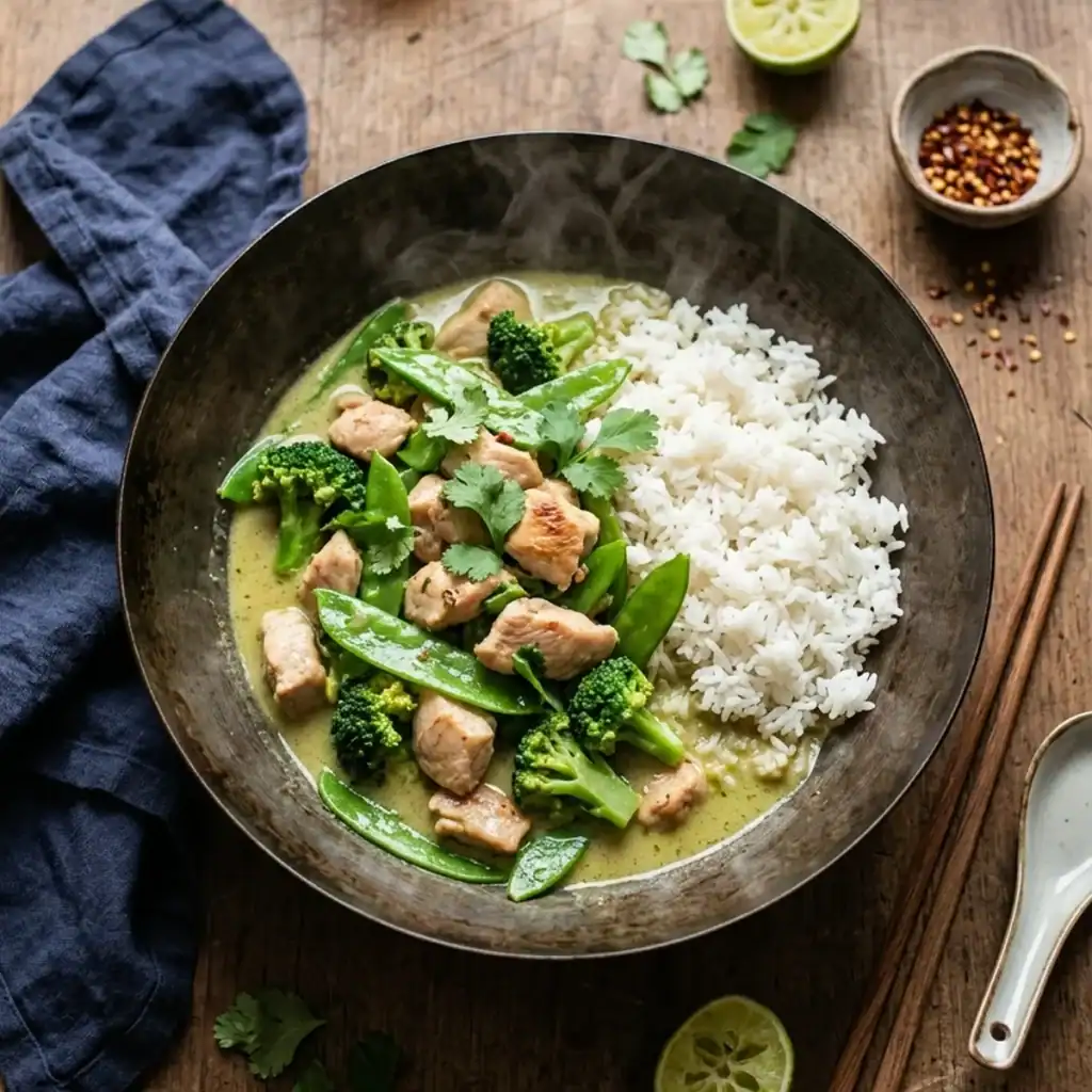 Cremiges grünes Thai-Curry mit gebratenem Hähnchen, Brokkoli und Zuckerschoten in einer rustikalen Schale mit Jasminreis und Limettenspalte