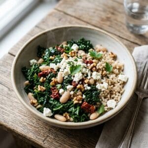 Frisch angerichtete Grünkohl-Bowl mit Vollkornreis, weißen Bohnen, getrockneten Tomaten, Feta und Walnusskernen in einer rustikalen Schale.