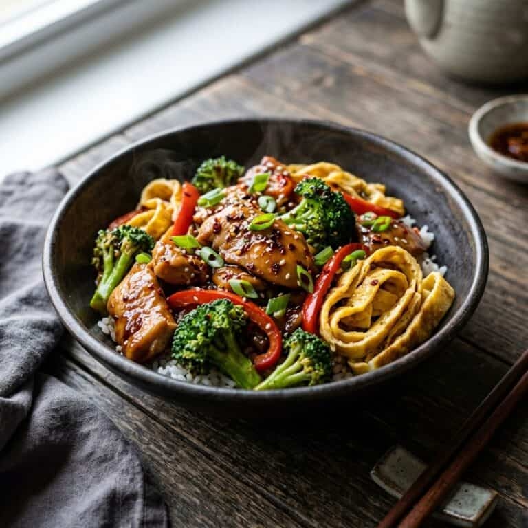 Dampfende asiatische Hähnchen-Brokkoli-Pfanne mit glänzender Hoisin-Sauce und zarten Omelettstreifen in einer rustikalen Schale