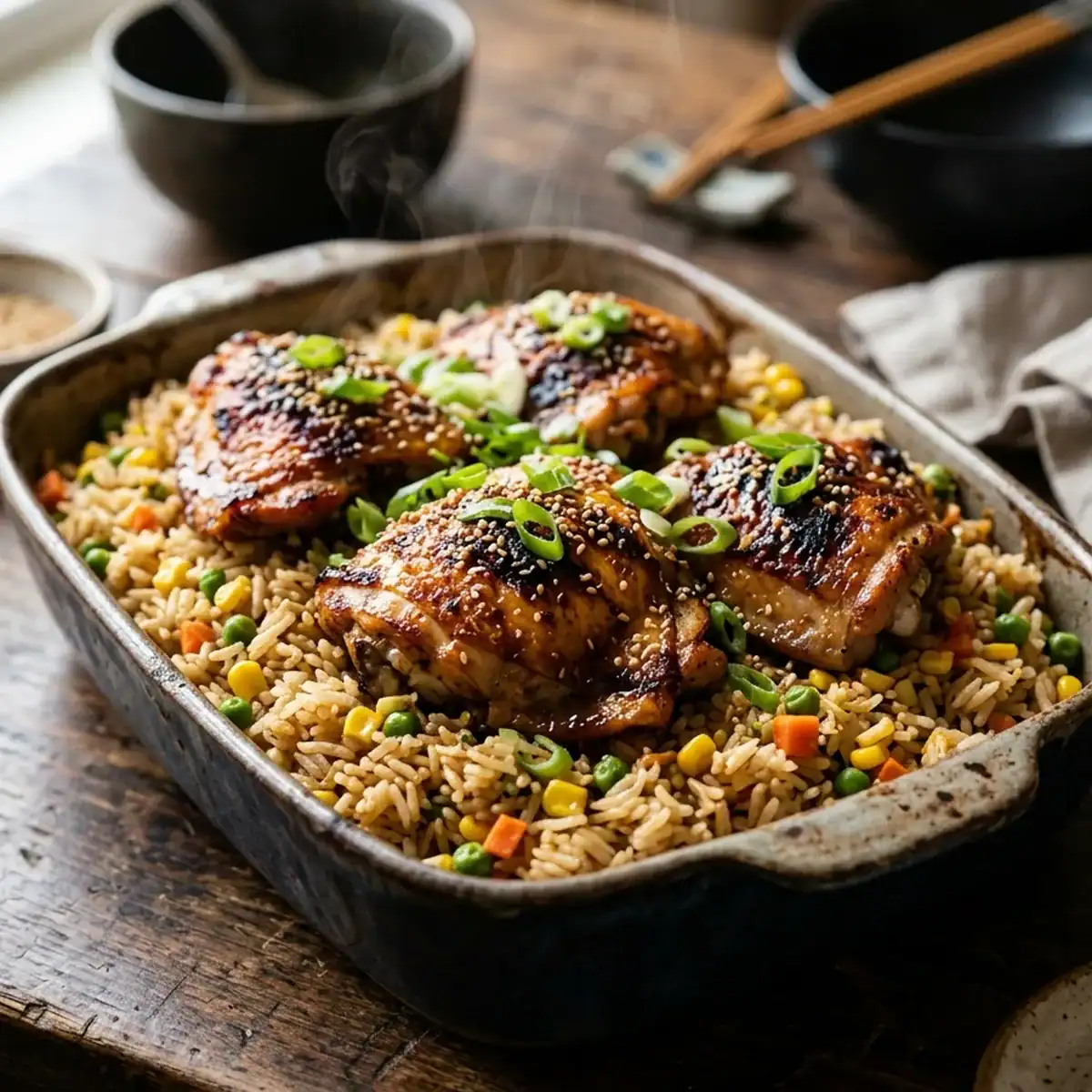 Aromatischer Hähnchen-Gemüsereis aus dem Ofen