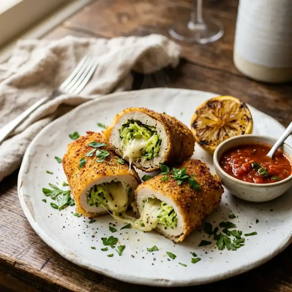 Aufgeschnittene panierte Hähnchen-Röllchen mit Zucchini-Mozzarella-Füllung auf einem Keramikteller garniert mit Zitrone