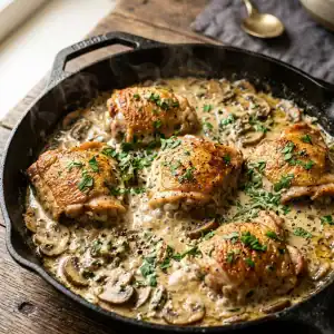 Draufsicht auf eine rustikale Pfanne mit saftig gebratenem Hähnchenfleisch in einer cremigen Knoblauch-Pilz-Sauce, garniert mit frischer Petersilie.