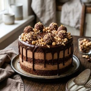 Mehrstöckige Schoko-Haselnuss-Torte mit dunklem Schoko-Drip, verziert mit Haselnuss-Pralinen und gerösteten Nüssen auf einer edlen Tortenplatte.