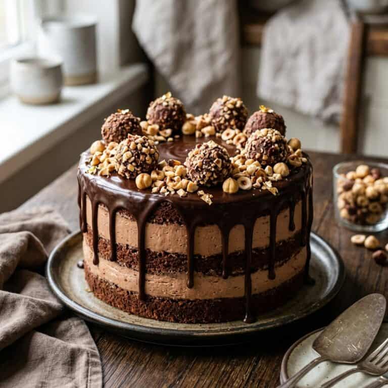 Mehrstöckige Schoko-Haselnuss-Torte mit dunklem Schoko-Drip, verziert mit Haselnuss-Pralinen und gerösteten Nüssen auf einer edlen Tortenplatte.