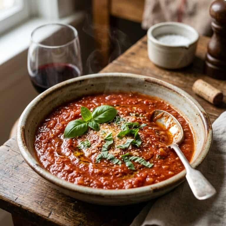 Cremig pürierte, tiefrote Tomatensauce in einer rustikalen Schale, garniert mit frischen Basilikumblättern und einem Schuss Olivenöl.