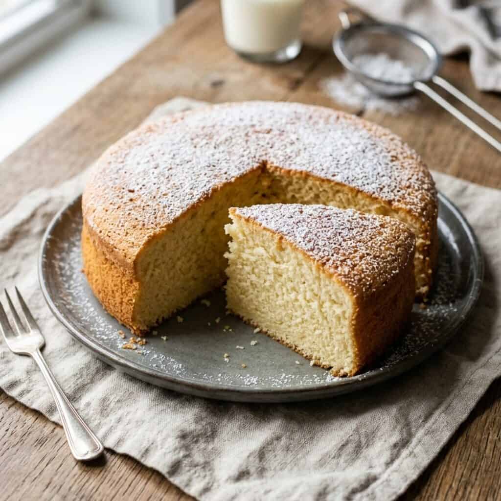 Ein Stück aufgeschnittener, extrem fluffiger Heißer-Milch-Kuchen mit zarter Puderzuckerschicht auf einem Vintage-Kuchenteller.