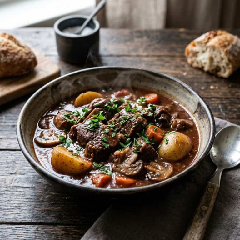 Dampfender Lamm-Schmortopf in einer rustikalen Schale mit zartem Lammfleisch, Kartoffeln, Karotten und frischer Petersilie garniert