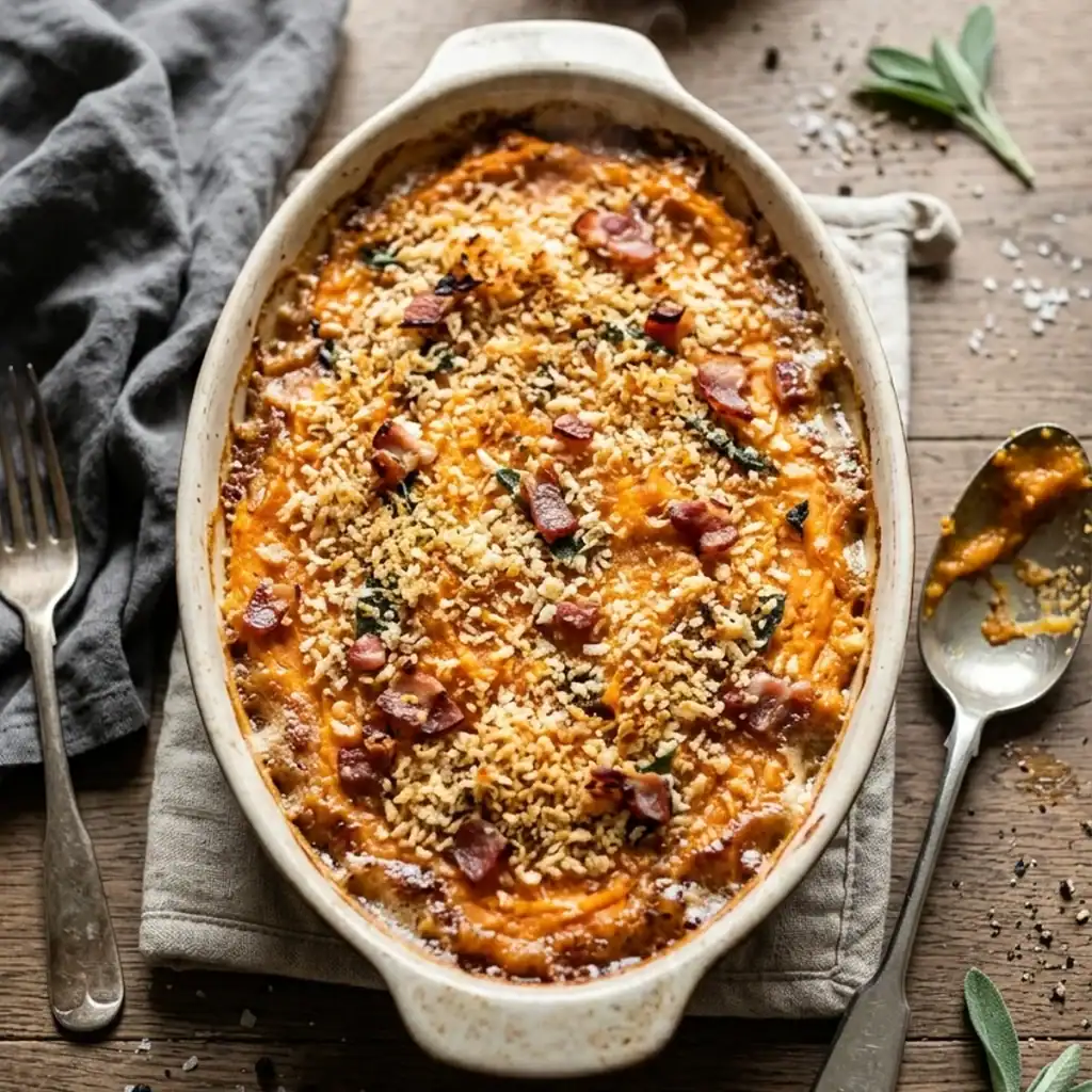Draufsicht auf einen herzhaften Süßkartoffel-Auflauf in einer rustikalen Keramikform mit goldbrauner Panko-Salbei-Kruste und knusprigem Bacon.