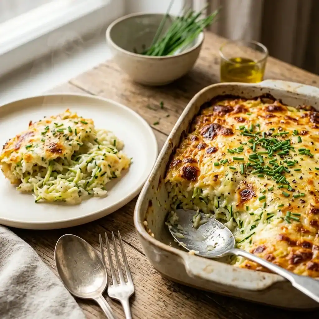 Frisch gebackener Zucchini-Reis-Auflauf in einer Auflaufform mit geschmolzener, goldgelber Käseschicht und frischem Schnittlauch garniert.