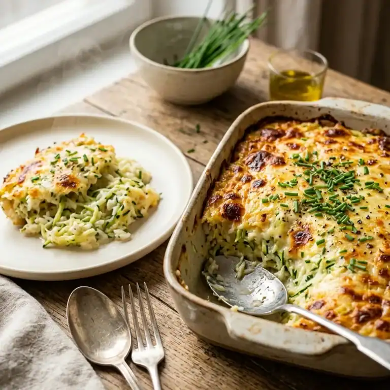 Frisch gebackener Zucchini-Reis-Auflauf in einer Auflaufform mit geschmolzener, goldgelber Käseschicht und frischem Schnittlauch garniert.