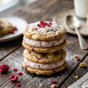 Frisch zusammengesetzte Himbeer-Käsekuchen-Sandwich-Cookies mit sichtbaren Stücken weißer Schokolade und rosa Himbeerstückchen auf einem Kuchengitter.